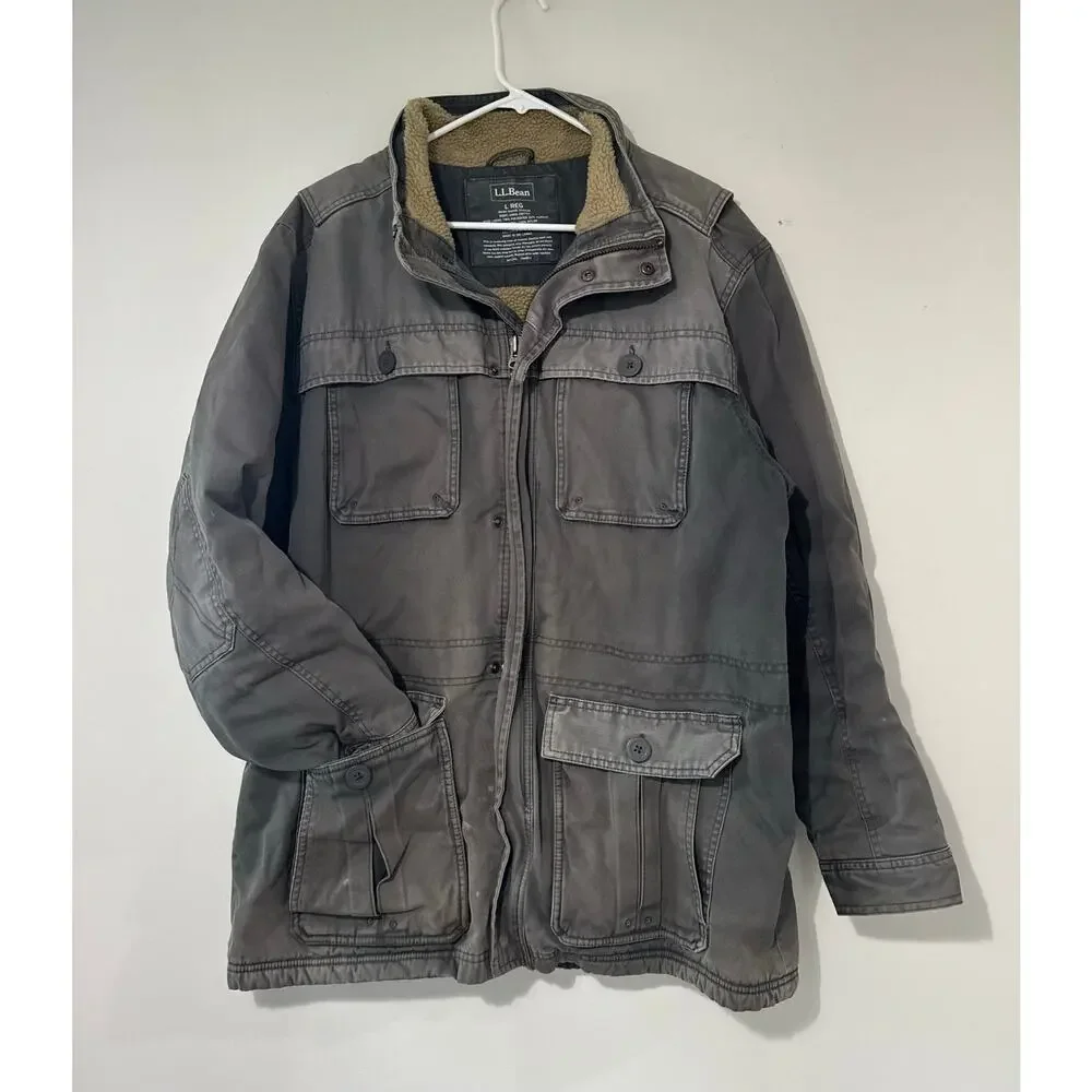 L.L.Bean Men's Sherpa Lined Canvas Field Jacket Gray Utility Barn Coat Large